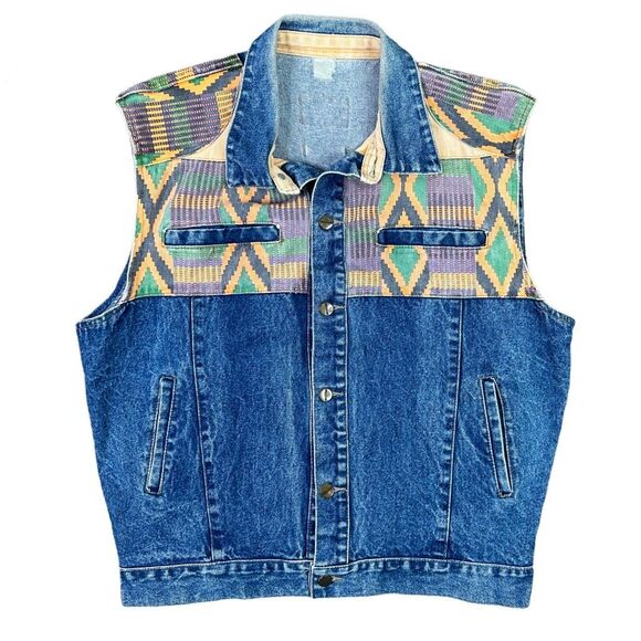 Vintage 90’s Shooters Jeans Aztec Print Denim Button-Down Vest - Picture 1 of 6